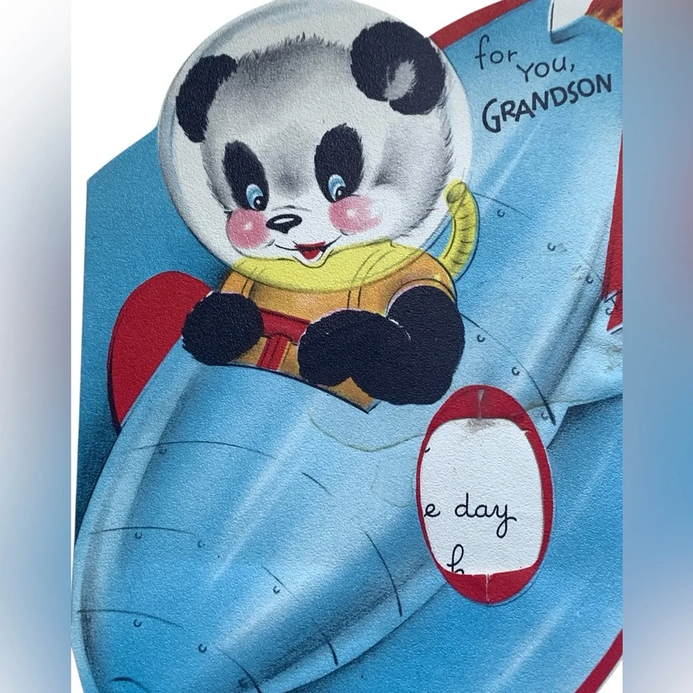 Vintage 1950’s Panda Spaceship Pilot Birthday  Card Grandson Paper Ephemera